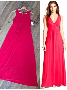 Loveappella V-Neck Soft Jersey Maxi Dress NWT Raspberry Resortwear Summer Vacay
